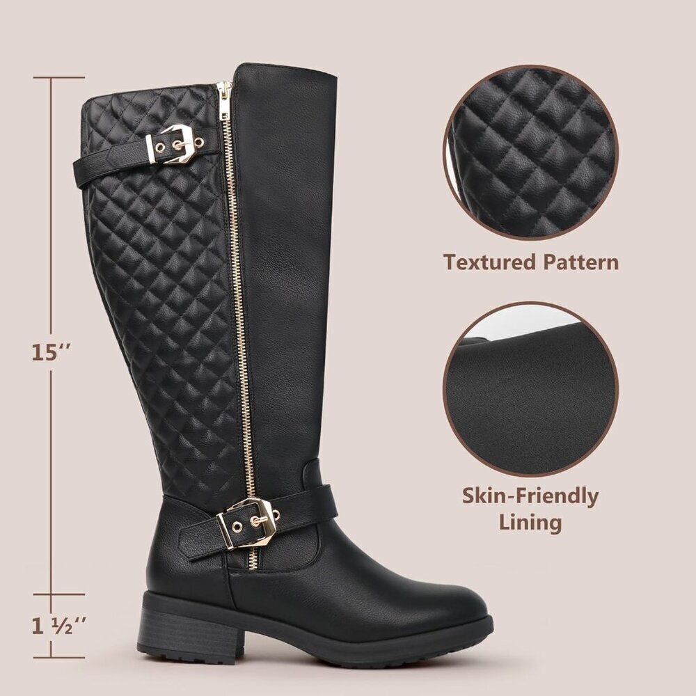 Women Extra Wide Calf Knee High Riding Black Boot Double Buckle Retro Chic Style - Picture 3 of 6
